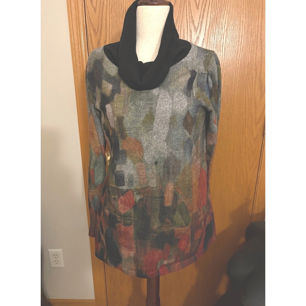 Trisha Tyler Womens Abstract Multi Color Cowl Neck Tunic Top Large TT11196